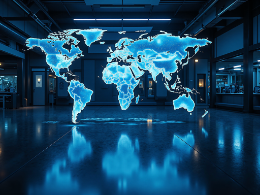 Global supply chain layout diagram showing positions of China-Thailand dual headquarters and global procurement, logistics, and sales network distribution with blue lines connecting nodes